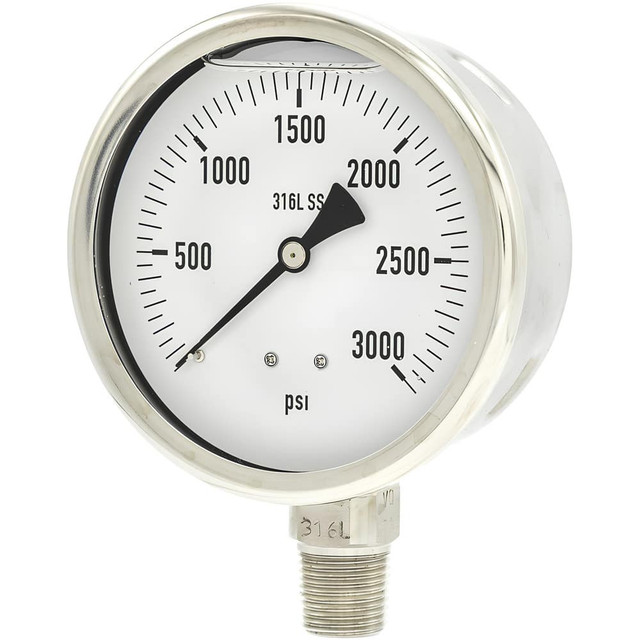 PIC Gauges PRO-301L-402P Pressure Gauge: 4" Dial Dia, 0 to 3,000 psi, 1/2" NPT, Lower Mount