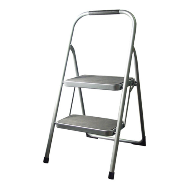 Reach high shelves with ease thanks to this heavy-duty step ladder, featuring a folding design that makes storage simple. The ladder locks in place and features a non-skid base, helping to ensure you have a sturdy platform to extend your reach from.  Steel construction offers a solid, stable base to reach higher.  2 steps provide sufficient height to reach items that are just out of reach without requiring assistance.  200-lb duty rating is great for simple household tasks.  Folds for easy storage and transportation.  Non-skid base keeps the step ladder firmly in place for maximum stability.
