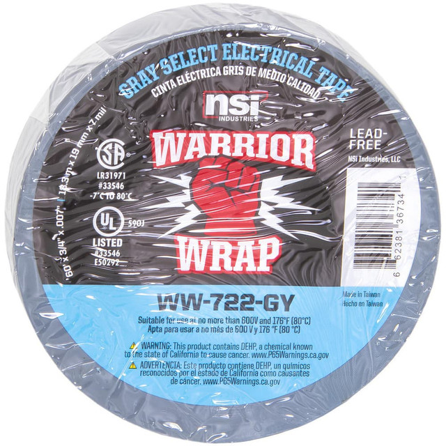 NSI Industries WW-722-GY Electrical Tape; Tape Material: Vinyl ; Width (Inch): 3/4 ; Thickness (mil): 7.0000 ; Color: Gray ; Series: Professional ; Series Part Number: WW-722-GY
