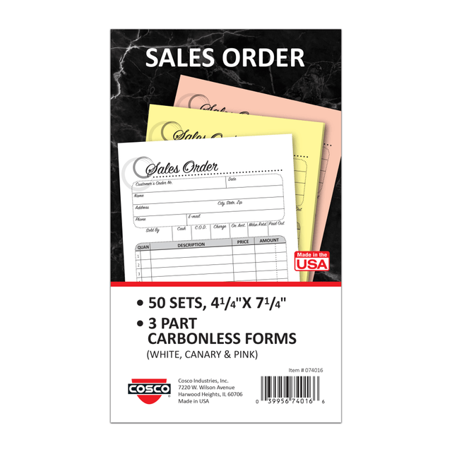 CONSOLIDATED STAMP MFG CO 074016 COSCO Sales Order Form Book With Slip, 3-Part Carbonless, 4-1/4in x 7-1/4in, Artistic, 50 Sets