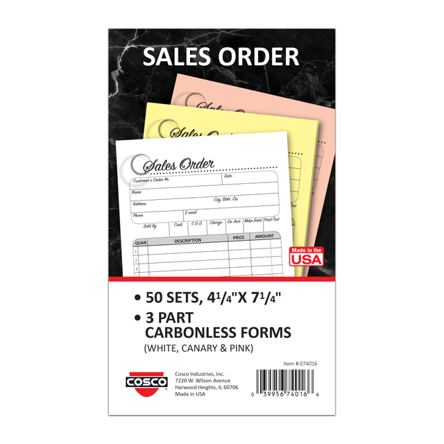CONSOLIDATED STAMP MFG CO COSCO 074016  Sales Order Form Book With Slip, 3-Part Carbonless, 4-1/4in x 7-1/4in, Artistic, 50 Sets