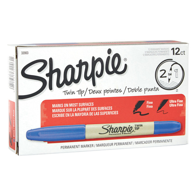 SANFORD LP 32003 Sharpie Twin-Tip Permanent Markers, Fine/Ultra-Fine Points, Blue Ink, Pack Of 12 Markers