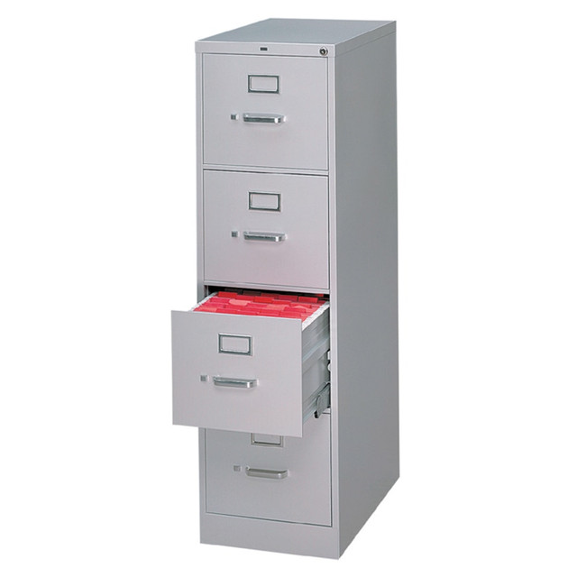 Organizing important information can help boost productivity. Keep your office humming with a HON vertical file cabinet, like the 510 legal- or letter-size vertical file cabinets. Organizing hanging files is simple with drawers that are easy to label, and the full cradle suspension system promotes smooth, quiet performance each time you need to access a document. The HON 510 Series vertical file made of heavy-grade steel with a lock, so you can worry less about damage and keeping sensitive information private.  Heavy-gauge steel with a baked-enamel finish.  Aluminum drawer pulls, label holders and thumb latches.  Full cradle suspension and up to 10 nylon rollers.  Hanging-file drawers with high sides.  Includes an adjustable wire follower to support files.  1-Key interchangeable core removable lock.  Backed by The HON Full Lifetime warranty.  HON file cabinet (4 drawer) holds letter-size files.  File cabinet (510 Series, 25inD) comes in light gray.  Eco-conscious choice - has one or more meaningful eco-attributes or eco-labels.  Recycled content - Product contains 30% total recycled content, including 24% postconsumer content, helping you save resources and reduce waste.  SCS Indoor Advantage Gold certified - meets strict indoor air quality guidelines. Ranked in two tiers: Certified and Gold.  BIFMA level 2 certified - reduced impact from multiple eco-attributes and/or social attributes. Ranked in three tiers: level 1, 2, or 3.  Tested to meet ANSI/BIFMA Performance Standards - Manufacturer testing has been conducted on this product to meet specific performance requirements and safety standards set forth by the American National Standards Institute (ANSI) and the Business and Institutional Furniture Manufacturers.  This product is heavy and/or oversized and may need more than one person to handle.  Less harsh chemicals - made with fewer harsh chemicals, or safer chemicals than typical alternatives, helping  reduce your use of and exposure to substances that may be more harmful to your health and the environment.  Contains Recycled Content - See Specs for Details.