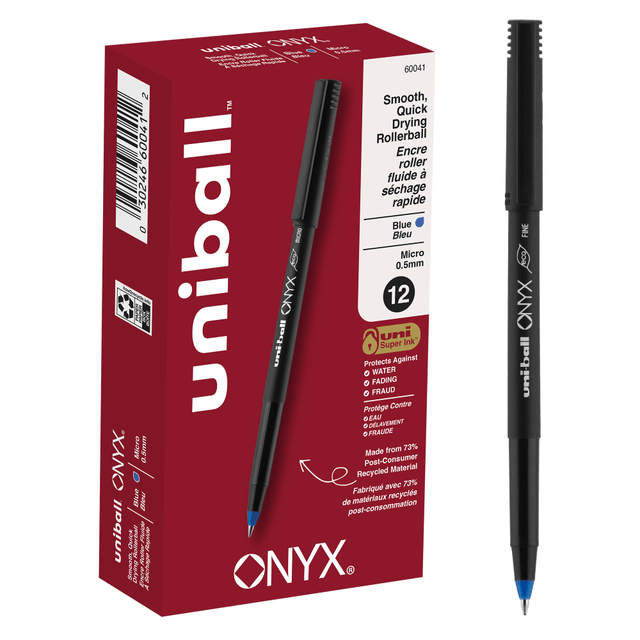 Smooth writing roller pen produces neat and precise strokes for intricate writing  Micro point rollerball pens with uni Super Ink are fade and fraud resistant, making them a great choice for everyday writing and creative projects.  Quick-drying roller ink helps you write without worrying about smudges or smears.  Convenient pocket clip ensures that your favorite micro point pens are always at hand.  0.5 mm micro point.  Comes in a pack of 12 blue pens.  ACMI Certified AP Nontoxic. For detailed information see www.acmiart.org.  Less harsh chemicals - made with fewer harsh chemicals, or safer chemicals than typical alternatives, helping  reduce your use of and exposure to substances that may be more harmful to your health and the environment.