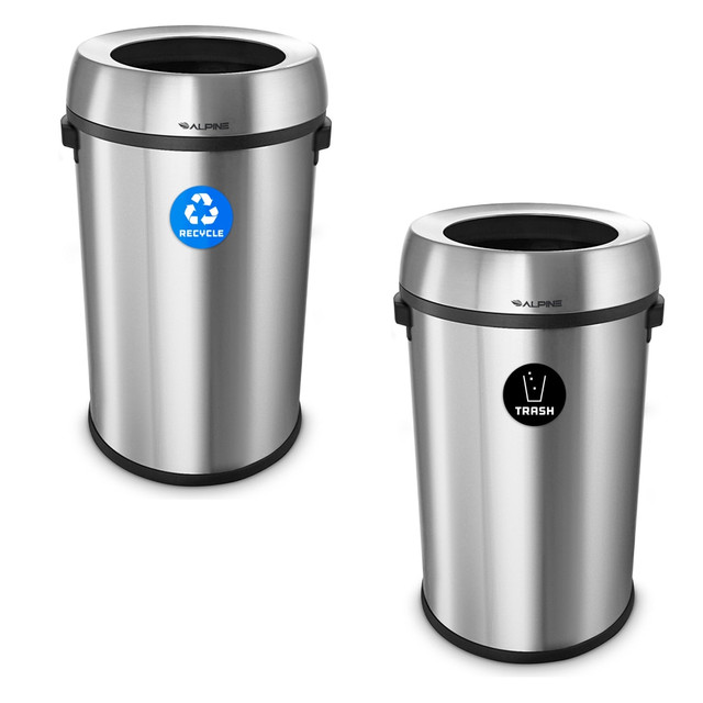 ADIR CORP. Alpine ALP470-65L-R-T  Industries Stainless Steel Open Top Recycling Bin And Trash Receptacles, 17 Gallons, Silver, Pack Of 2 Receptacles