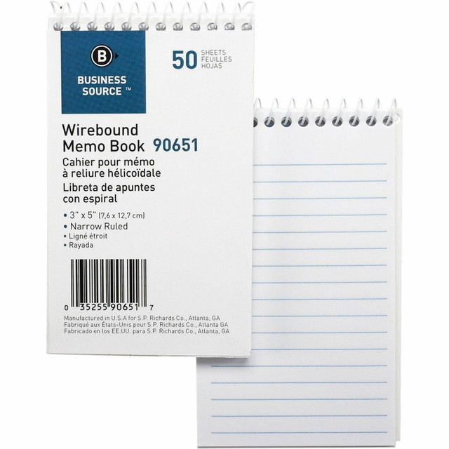 SP RICHARDS Business Source 90651  Wirebound Memo Books, 5in x 3in, 50 Sheets, White, Pack Of 12