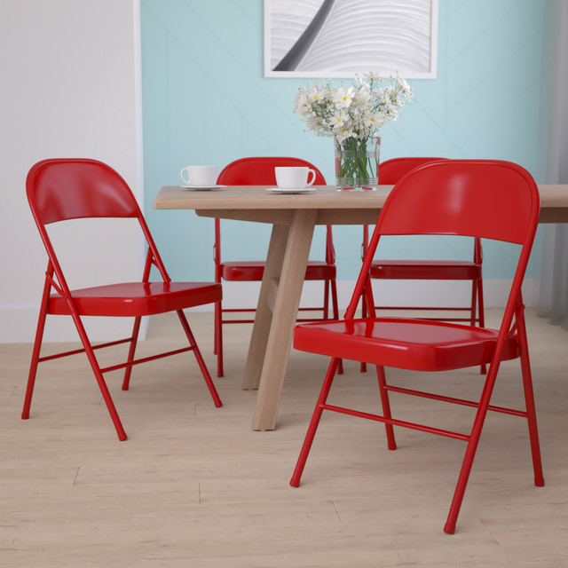 FLASH FURNITURE 4BDF002RED  HERCULES Series Double-Braced Metal Folding Chairs, Red, Set Of 4 Chairs