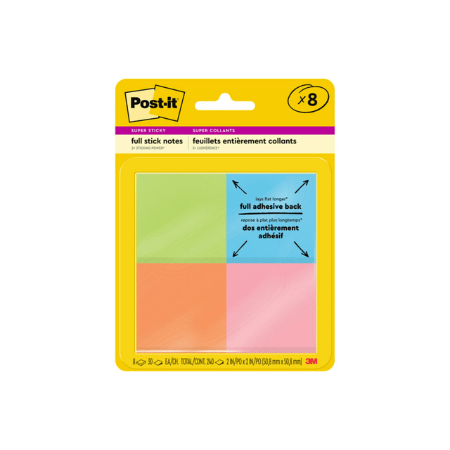 3M CO Post-it F220-8SSAU  Notes Super Sticky Full Stick Notes, 2 x 2 in., Energy Boost Collection, Pack Of 8 Pads