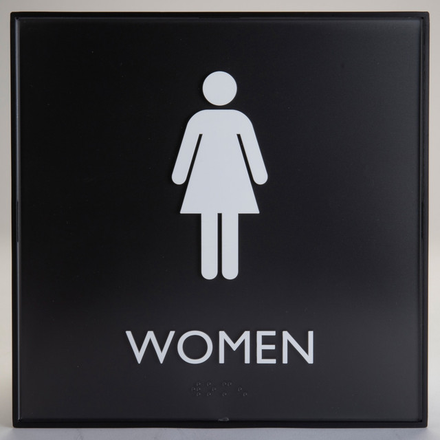 SP RICHARDS Lorell 02656  Womens Restroom Sign - 1 Each - Women Print/Message - 8in Width x 8in Height - Square Shape - Surface-mountable - Easy Readability, Injection-molded - Restroom, Architectural - Plastic - Black, Black