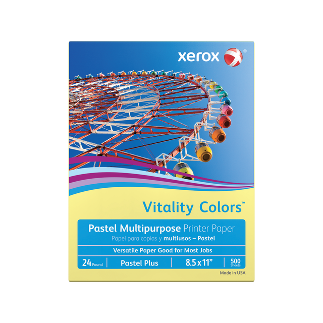 XEROX CORPORATION 3R11524 Xerox Vitality Colors Pastel Plus Color Multi-Use Printer & Copy Paper, Yellow, Letter (8.5in x 11in), 500 Sheets Per Ream, 24 Lb, 30% Recycled