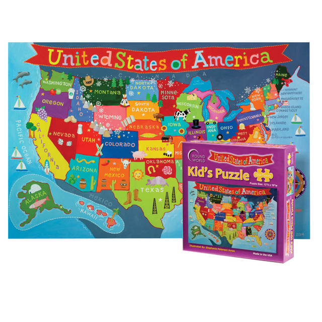 Children will love learning about the country with help from the Round World Products Kids United States 100-Piece Jigsaw Puzzle. This puzzle offer detailed artwork depicted the USA to help children learn about the states.  100 sturdy pieces create a beautifully detailed map.  Sturdy box for storage.