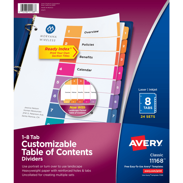 AVERY PRODUCTS CORPORATION 11168 Avery Ready Index 1-8 Tab Binder Dividers With Customizable Table Of Contents, 8-1/2in x 11in, 8 Tab, White/Multicolor, Box Of 24 Sets AVERY PRODUCTS CORPORATION 11168 Avery Ready Index 1-8 Tab Binder Dividers With Customizable Table Of Contents, 8-1/2in x 11in, 8 Tab, White/Multicolor, Box Of 24 Sets