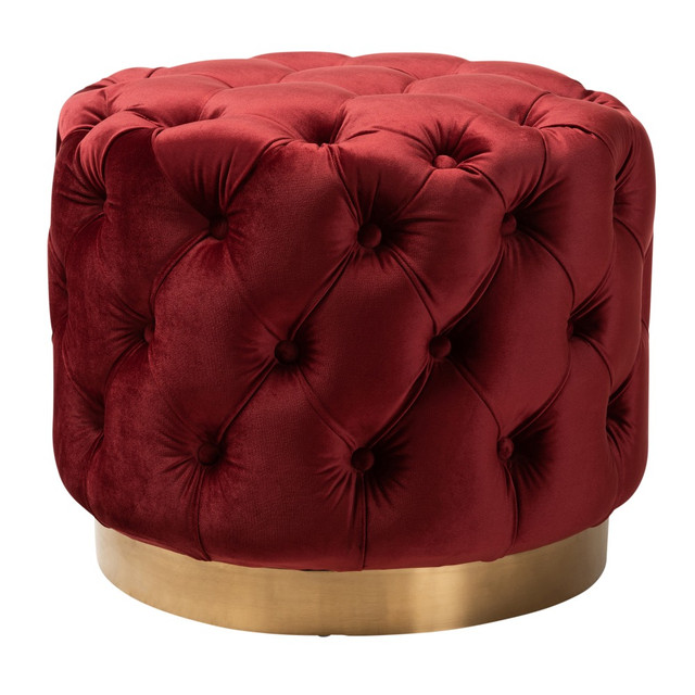 WHOLESALE INTERIORS, INC. Baxton Studio 2721-9377  Glam Velvet Button-Tufted Round Ottoman, Burgundy/Gold