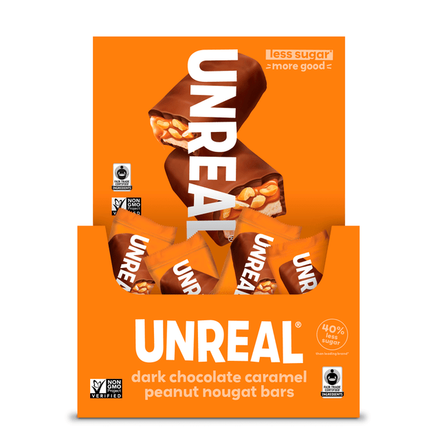 UNREAL BRANDS INC Unreal 0857484006472  Dark Chocolate Caramel Peanut Nougat Bars, 0.67 Oz, Pack Of 40 Bars