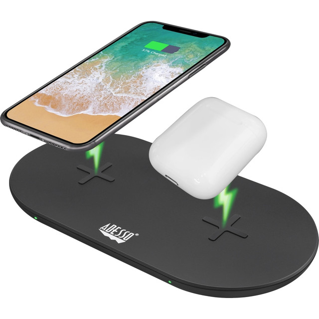 ADESSO INC AUH-1040 Adesso 15W Max Qi-Certified Dual 2-Coil Wireless Fast Charging Pad - 12 V DC Input - Overcharge Protection ADESSO INC AUH-1040 Adesso 15W Max Qi-Certified Dual 2-Coil Wireless Fast Charging Pad - 12 V DC Input - Overcharge Protection