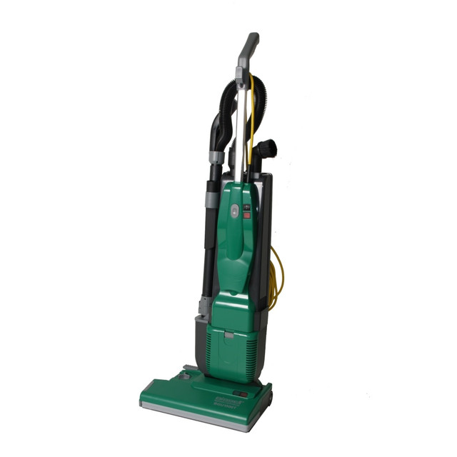 Make sure you can keep your area clean with help from this commercial vacuum. The Bissell vacuum cleaner features a dual-wall bag that holds up to 4.25 qt and comes with a crevice tool and dusting brush to handle different applications.  Dual-motor design for 900 watts of power.  Dual-wall, disposable bag can hold up to 4.25 qt.  Telescopic wand and stretch hose help you get up to 9ft of reach.  40ft long power cord with cord strain relief to help you cover up to 80ft.  Upright vacuum comes with a dusting brush and crevice tool.  Backed by the manufacturers 1-year limited warranty.