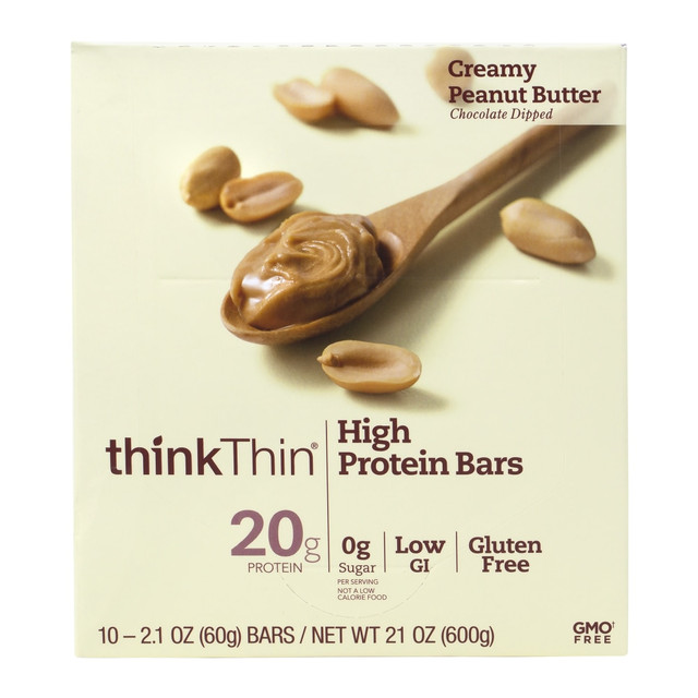 THINKTHIN, LLC 71050 thinkThin Creamy Peanut Butter High Protein Bars, 2.1 Oz, Box Of 10 Bars