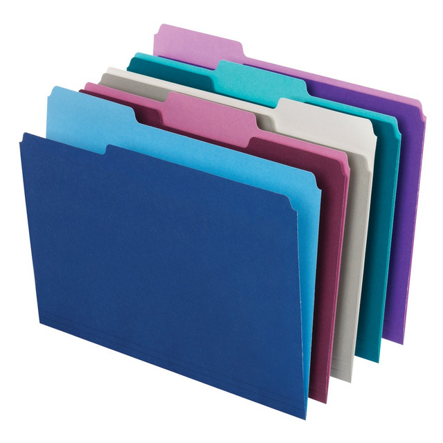 Color-code your office for improved productivity using these Office Depot top-tab file folders. Standard dimensions make it easy to store reports, completed projects and other files, while the scored 3/4-inch expansion offers room for multiple pages. Constructed with sturdy 11 pt. stock, these folders can handle frequent reference. These Office Depot top-tab file folders feature cut top tabs for effortless project labeling.  11-pt. stock construction supports daily handling.  Colorful file folders help speed filing and retrieval time.  Scored 3/4in expansion handles multiple pages.  Assorted 1/3-cut tab positions for easy access.  8-1/2in x 11in letter-size file folders for standard documents.  Assorted jewel tone colors.  Pack of 100 file folders.