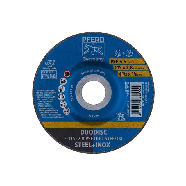 PFERD 62011620 Depressed Grinding Wheel:  Type 27,  4-1/2" Dia,  1/8" Thick,  7/8" Hole,  Aluminum Oxide