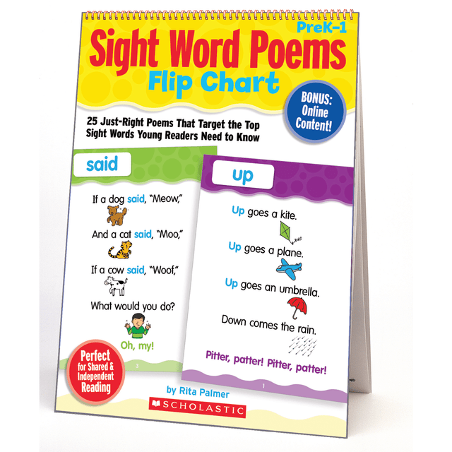 Teach important sight words with the 25 short and playful poems in this BIG, bright, and colorful laminated flip chart!  Each poem targets a key Dolch sight word and includes multiple opportunities for children to practice reading that word. This helps them boost word recognition, automaticity, and fluency.  Specially created for young learners, the poems feature predictable, rhyming text and supportive illustrations.  Includes easy lesson routines and reproducible activities, plus a companion CD with ready-to-print mini posters of all 25 poems in full color.  Children will love having their very own copies for reading the poems again and again!
