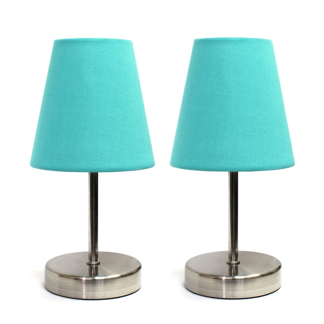 ALL THE RAGES INC LT2013-BLU-2PK Simple Designs Sand Nickel Mini Basic Table Lamp Set with Blue Fabric Shades