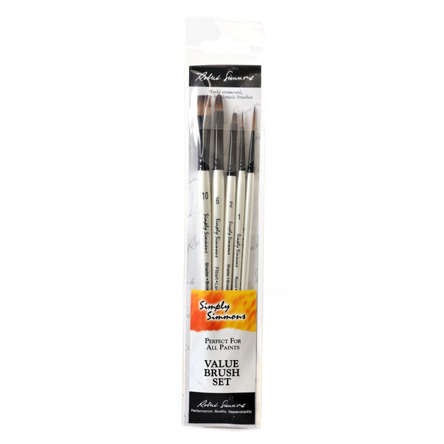 DALER-ROWNEY LTD 255500001 Robert Simmons Simply Simmons Value Paint Brush Set, Everything Set, Assorted Sizes, Assorted Bristles, Synthetic, White, Set Of 5