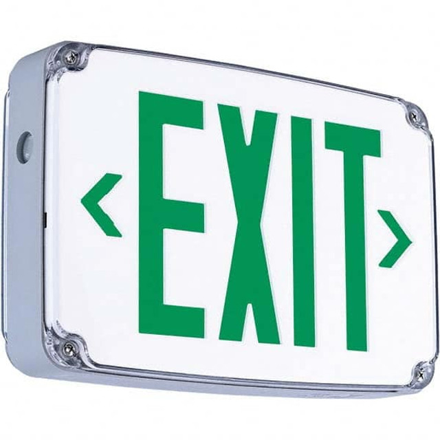 Hubbell Lighting 93047784 Illuminated Exit Signs; Number of Faces: 1; Light Technology: LED; Letter Color: Green; Mount Type: Surface Mount; Housing Material: Thermoplastic; Housing Color: White; Battery Type: Sealed Nickel Cadmium; Wattage: 2.7 W; O