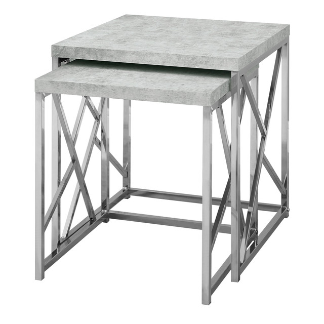 MONARCH PRODUCTS I 3376 Monarch Specialties Lauren Nesting Tables, 21-1/4inH x 19-3/4inW x 19-3/4inD, Gray Cement/Chrome, Set Of 2 Tables