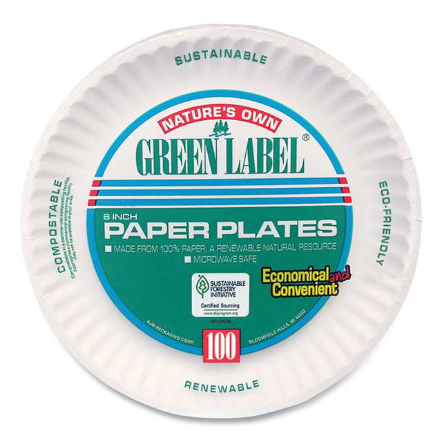 AJM PACKAGING CORP. Corporation PP6GREWH White Paper Plates, 6" dia, 100/Pack, 10 Packs/Carton