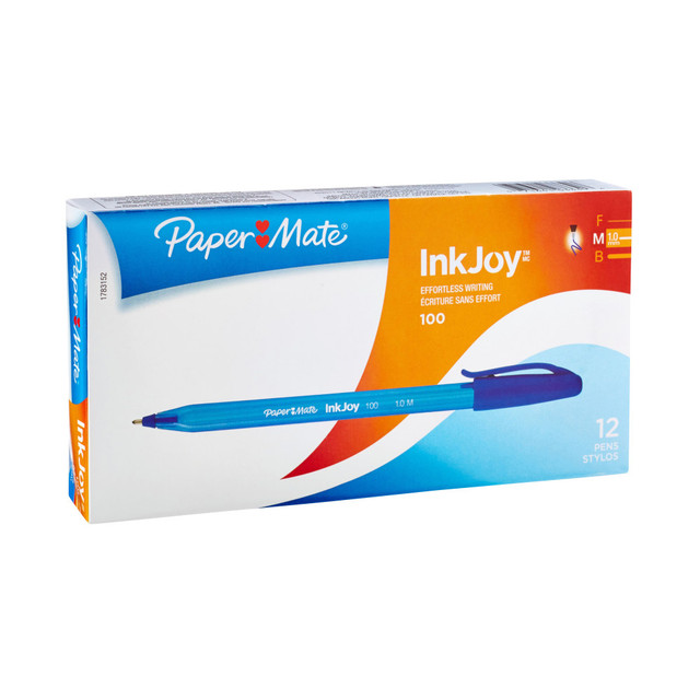 NEWELL BRANDS INC. 1783152 Paper Mate InkJoy 100 Stick Pens, Medium Point, 1.0 mm, Translucent Blue Barrels, Blue Ink, Pack Of 12 Pens NEWELL BRANDS INC. 1783152 Paper Mate InkJoy 100 Stick Pens, Medium Point, 1.0 mm, Translucent Blue Barrels, Blue Ink, Pack Of 12 Pens