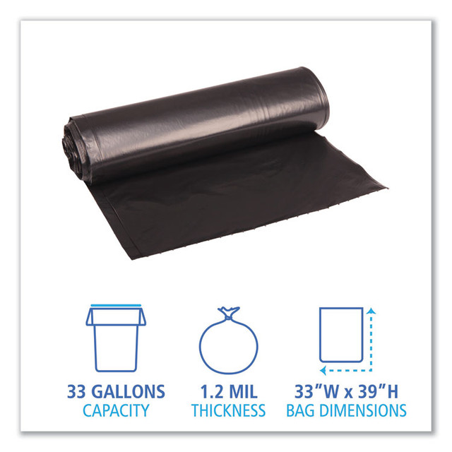 BOARDWALK 516 Recycled Low-Density Polyethylene Can Liners, 33 gal, 1.2 mil, 33" x 39", Black, Perforated, 10 Bags/Roll, 10 Rolls/Carton