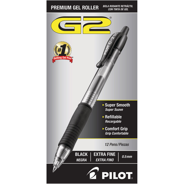 PILOT CORPORATION OF AMERICA 31002 Pilot G2 Retractable Gel Pens, Extra Fine Point, 0.5 mm, Clear Barrels, Black Ink, Pack Of 12 PILOT CORPORATION OF AMERICA 31002 Pilot G2 Retractable Gel Pens, Extra Fine Point, 0.5 mm, Clear Barrels, Black Ink, Pack Of 12