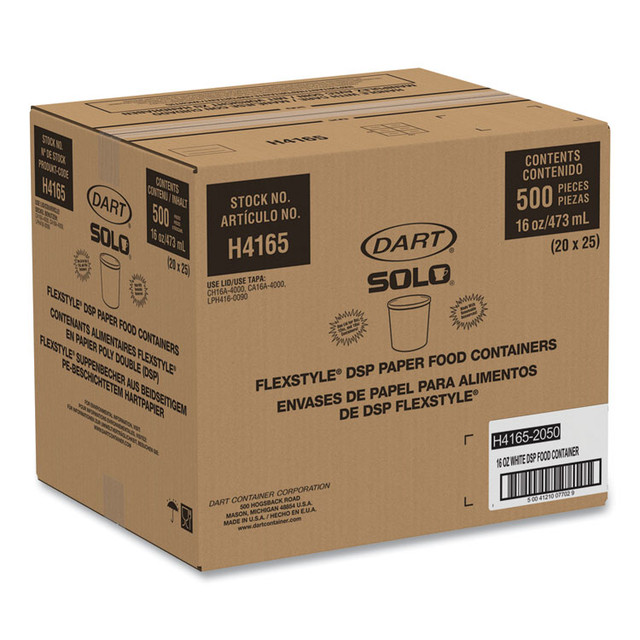 DART SOLO® H4165U Flexstyle Double Poly Paper Containers, 16 oz, White, Paper, 25/Pack, 20 Packs/Carton