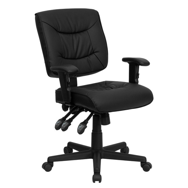 FLASH FURNITURE GO-1574-BK-A-GG  LeatherSoft Faux Leather Low-Back Multifunction Ergonomic Swivel Task Chair With Adjustable Arms, Black