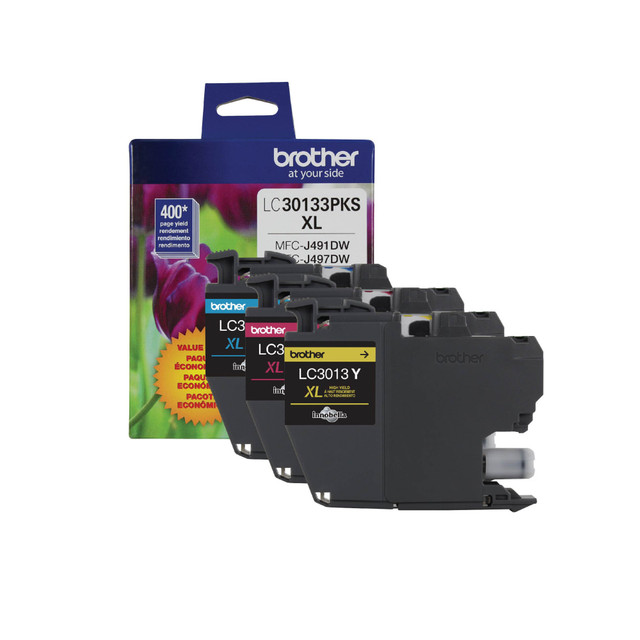 Compatible Brother models: MFC : MFC-J491DW, MFC-J497DW, MFC-J690DW, MFC-J895DW.  .  Brother LC3013 Cyan, Magenta, Yellow Ink Cartridges, Pack Of 3, LC30133PKS  Brother Genuine LC30133PKS 3-Pack High-yield Color Ink Cartridges - includes 1 Cyan, 1 Magenta and 1 Yellow cartridge.  Superior color inkjet print quality you can consistently rely on for up to 400 pages per cartridge*.  Intelligently engineered to work in seamless unison with your Brother inkjet printer.  Brother Genuine ink produces rich, vivid color prints that withstand the test of time.  Save when you purchase Brother Genuine Multi-Packs instead of Individual ink cartridges.  Brother Genuine LC30133PKS is for use with Brother Work Smart Series compact, affordable, inkjet all-in-one printers: MFC-J491DW, MFC-J497DW, MFC-J690DW, MFC-J895DW.  Recycling solution - designed to encourage recycling, helping you divert materials from landfill.
