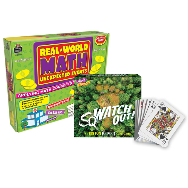 Help youngster learn math concepts in a fun way with the Educators Resource Education Kit 1. The kit comes with a standard deck of playing cards from Learning Advantage, the TREND sqWATCH OUT! Three Corner Card Game, and the Teacher Created Resources Real World Math: Unexpected Events Game.  TREND sqWATCH OUT! Three Corner Card Game tests your memory and your appetite for mystery with this family-friendly card game thats all about Bigfoot and BIG fun! Unique three-sided cards and Bigfoot folklore are irresistible to all ages. 2-4 players, ages 8 to adult.  Teacher Created Resources Real World Math: Unexpected Events Game offers 50 unexpected event cards, 20 sheets of a check register (reproducible) and 6 game pieces to show how math skills are revelant in the real world.  Set of 52 coated Learning Advantage playing cards to let you teach probability and more.  Designed for students in grades 3 to 8.