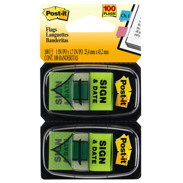 3M CO Post-it 680-SD2  Notes Sign & Date Printed Flags, 1in x 1-7/10in, Green, 50 Flags Per Pad, Pack Of 2 Pads