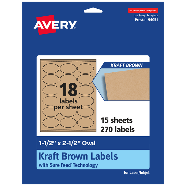 AVERY PRODUCTS CORPORATION 94051-KMP15 Avery Kraft Permanent Labels With Sure Feed, 94051-KMP15, Oval, 1-1/2in x 2-1/2in, Brown, Pack Of 270 AVERY PRODUCTS CORPORATION 94051-KMP15 Avery Kraft Permanent Labels With Sure Feed, 94051-KMP15, Oval, 1-1/2in x 2-1/2in, Brown, Pack Of 270