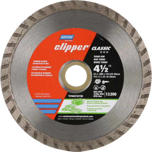 Norton 7660702790 Wet & Dry Cut Saw Blade: 4-1/2" Dia, 7/8 & 5/8" Arbor Hole, 0.08" Kerf Width, 1 Teeth