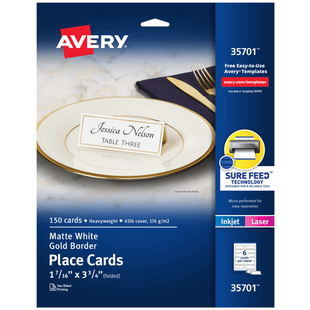 AVERY PRODUCTS CORPORATION Avery 35701  Printable Place Cards With Sure Feed Technology, 1-7/16in x 3-3/4in, White With Gold Border, 150 Blank Place Cards