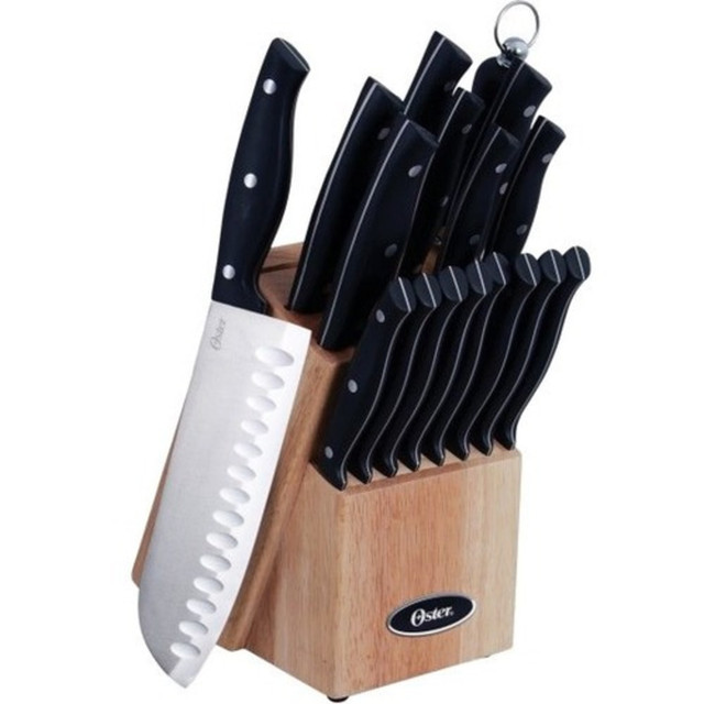 GIBSON OVERSEAS INC. 69529.14 Oster Granger 14-Piece Stainless-Steel Cutlery Set With Wooden Block, Black