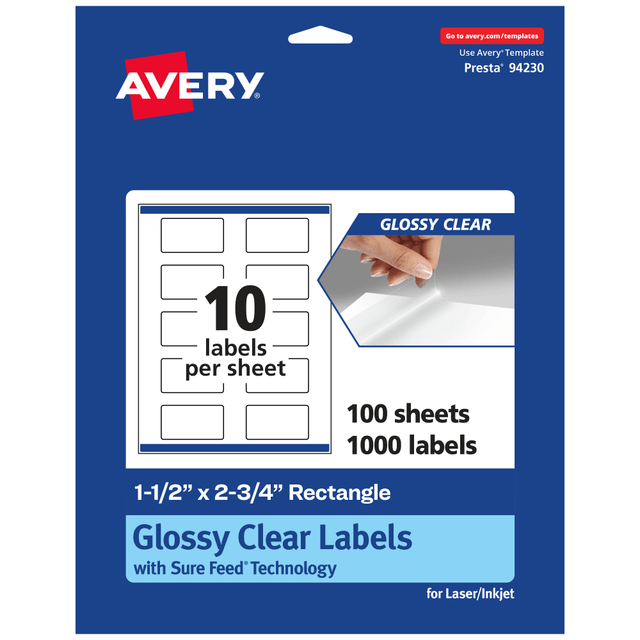 AVERY PRODUCTS CORPORATION 94230-CGF100 Avery Glossy Permanent Labels With Sure Feed, 94230-CGF100, Rectangle, 1-1/2in x 2-3/4in, Clear, Pack Of 1,000 AVERY PRODUCTS CORPORATION 94230-CGF100 Avery Glossy Permanent Labels With Sure Feed, 94230-CGF100, Rectangle, 1-1/2in x 2-3/4in, Clear, Pack Of 1,000