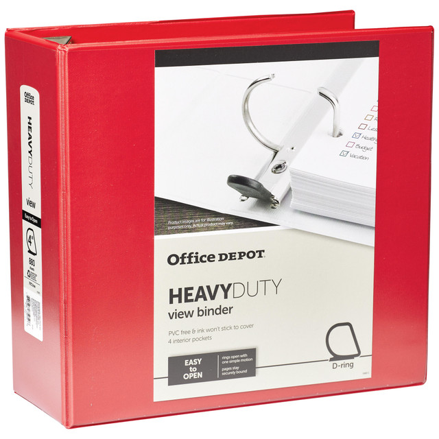 OFFICE DEPOT OD03347 Brand Heavy-Duty View 3-Ring Binder, 4in D-Rings, Red OFFICE DEPOT OD03347 Brand Heavy-Duty View 3-Ring Binder, 4in D-Rings, Red
