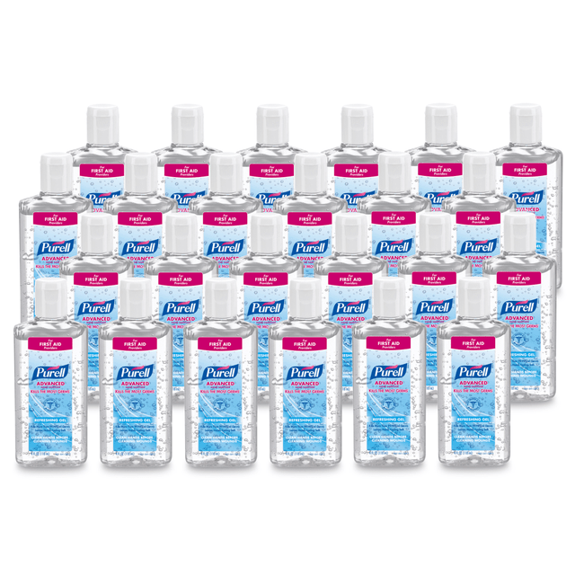 Send a signal you care with PURELL Advanced Hand Sanitizer Refreshing Gel for First Aid Providers. Formulated to meet healthcare hand hygiene protocol, it exceeds FDA healthcare personnel handwash requirements with just 1.1. milliliters of product2. These bottles are ideal for use on the go - throw them in medical supply bags, in scrub pockets, and in lockers; they also work well in patients rooms or in reception areas.  Show patients, staff, and visitors that you care about their well-being with PURELL Advanced Hand Sanitizer Refreshing Gel for First Aid Providers  Kills 99.99 percent of most common germs that may cause illness; exceeds FDA healthcare personnel handwash requirements and clinically proven to kill the most germs*  Mild formulation is designed for frequent use with a blend of four moisturizers; free of triclosan, parabens, phthalates, and preservatives so it doesn"t dry out or irritate skin  Place these 4 oz bottles in reception areas or patient rooms; smaller size means these bottles are also perfect to use on the go  Case Includes:?24 - PURELL Advanced Hand Sanitizer Refreshing Gel for First Aid Providers - 4 fl oz Portable Flip-Cap bottles  Cradle to Cradle Gold certified - reduced environmental impact from an overall lifecycle standpoint. Ranked in five tiers: Basic, Bronze, Silver, Gold, and Platinum.  Less harsh chemicals - made with fewer harsh chemicals, or safer chemicals than typical alternatives, helping  reduce your use of and exposure to substances that may be more harmful to your health and the environment.