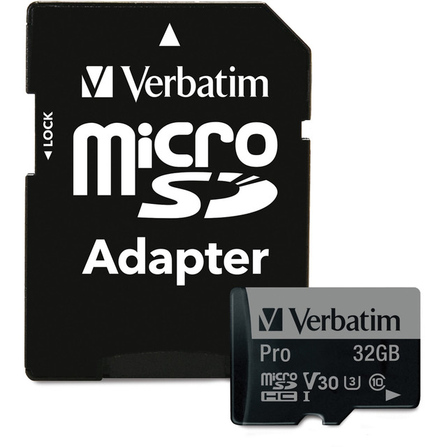 VERBATIM AMERICAS LLC Verbatim 47041  32GB Pro 600X microSDHC Memory Card with Adapter, UHS-I U3 Class 10 - Class 10/UHS-I (U3) - 90 MB/s Read1 Pack - 600x Memory Speed