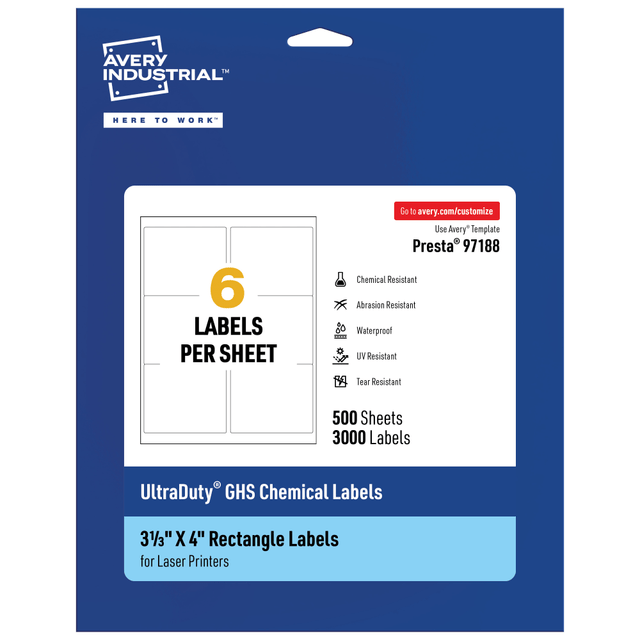 AVERY PRODUCTS CORPORATION 97188-WMU500 Avery Ultra Duty Permanent GHS Chemical Labels, 97188-WMU500, Rectangle, 3-1/3in x 4in, White, Pack Of 3,000 AVERY PRODUCTS CORPORATION 97188-WMU500 Avery Ultra Duty Permanent GHS Chemical Labels, 97188-WMU500, Rectangle, 3-1/3in x 4in, White, Pack Of 3,000