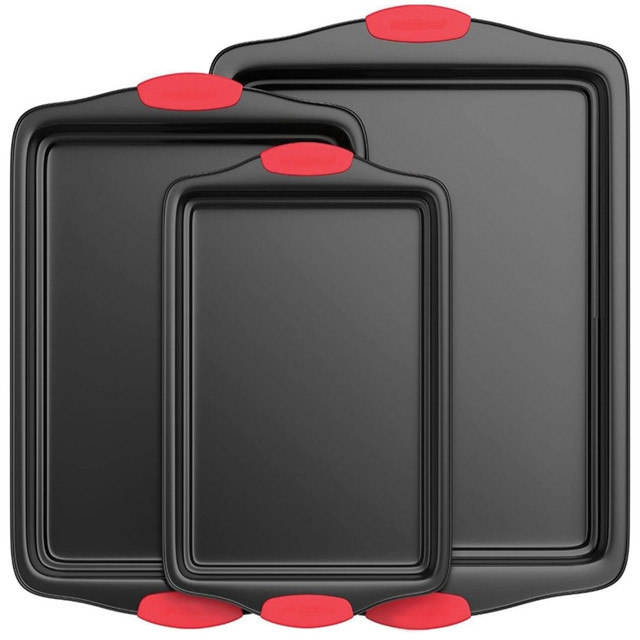 SOUND AROUND INC. NCSBS3S NutriChef 3-Piece Steel Non-Stick Bakeware Set - 3 Pieces - Baking - Dishwasher Safe - Oven Safe - Red, Gray, Black - Carbon Steel Body - Silicone Handle - 1 SOUND AROUND INC. NCSBS3S NutriChef 3-Piece Steel Non-Stick Bakeware Set - 3 Pieces - Baking - Dishwasher Safe - Oven Safe - Red, Gray, Black - Carbon Steel Body - Silicone Handle - 1