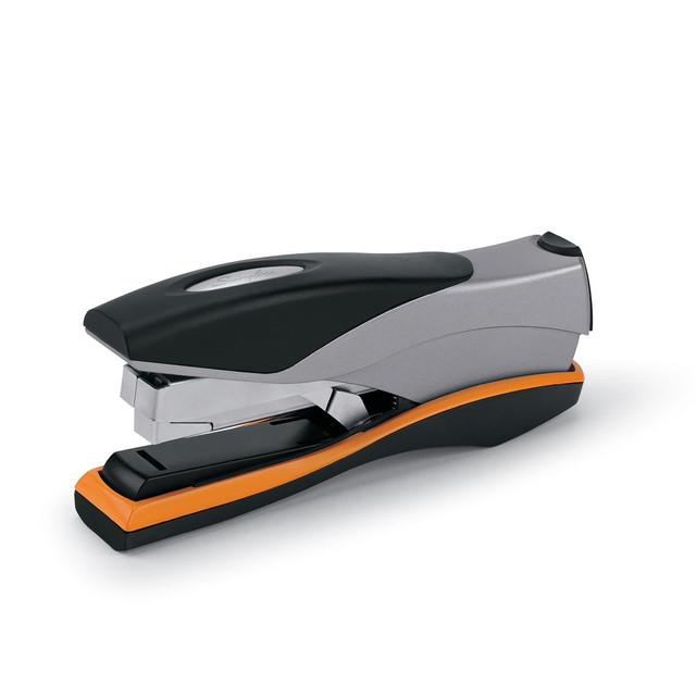 Get more stapling power from a desktop stapler with the Optima 40; delivers 40 sheet stapling capacity with an ergonomic design easier to use. Quickload magazine lets you refill staples with the touch of a button.  Requires up to 50% less effort to use than traditional staplers  Durable metal construction  Jam Free stapling guaranteed when used with Optima or S.F. 4 staples  40 sheet stapling capacity  Silver with black and orange accents  Innovative, quickload magazine system allows strips of 210 staples to be quickly and easily loaded. Guaranteed jam-free for efficient stapling performance.