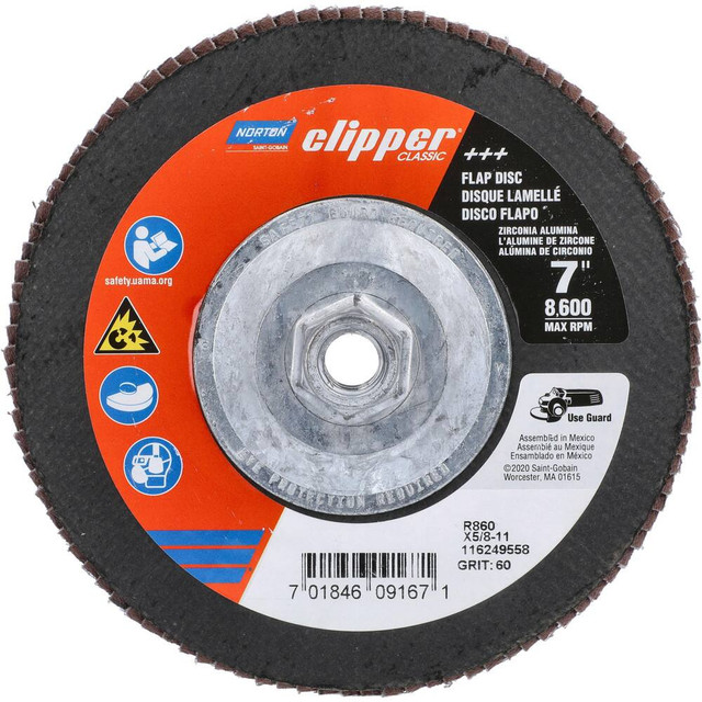 Norton 70184609167 Flap Discs; Disc Diameter (Decimal Inch): 7 ; Center Hole Thread Size: 5/8-11 ; Flap Disc Type: Type 27 ; Grit: 60 ; Grade: Medium ; Attachment Type: Threaded Arbor Hole