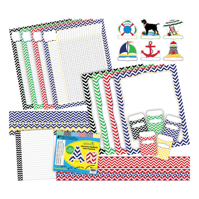 When you want to bring attention to an upcoming lesson, use the 510 letter pop-outs and 70ft of border of this bulletin board set. The set comes with peel-and-stick library pockets, incentive charts and more to make each class go smoothly.  Includes 8 charts, 36 accents, 510 letter pop-outs, 30 library pockets, 50 sheets of paper and 70ft of border.  4 incentive charts help motivate students to try their best. 4 border charts for additional organization.  Letter pop-outs measure 4in each and help you spell things out.  Peel-and-stick library pockets help keep items within reach.  Double-sided accents and borders for different looks.  Paper is compatible with most printers.  Card stock components.